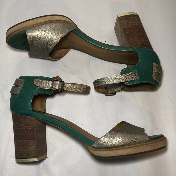 KUPURI Heels Women's Size US7.5 Green Silver Anthropologie Peep Toe Slingback - Picture 12 of 14